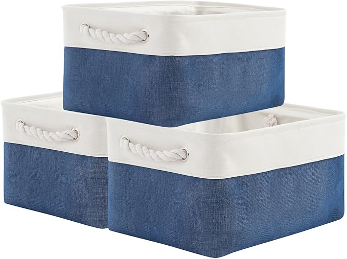 TheWarmHome Storage Basket for Organizing - Medium 3 Pack 14x10x7 inch Fabric Storage Cubes for Shelves with Rope, Collapsible Storage Bin for Organizer Closet Cloth Gift Toy (White & Jean Blue)-Ruum Studio Home