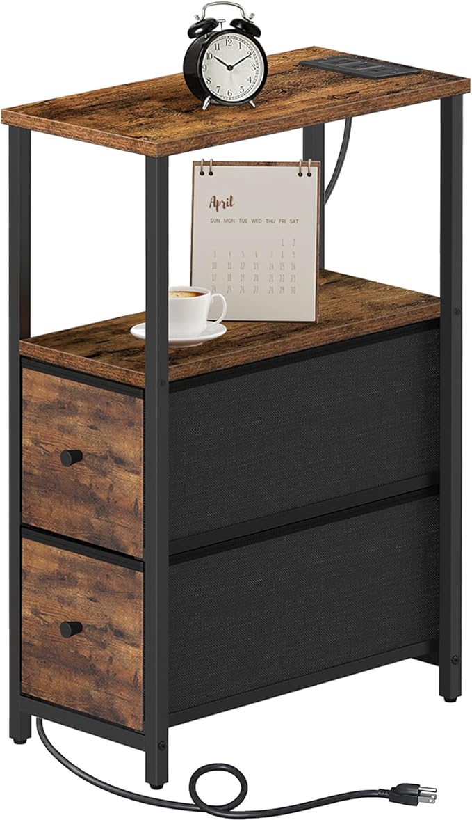 TUTOTAK Small Narrow End Table with Charging Station, Side Table with Outlets, Nightstand with 2 Cloth Drawers, Couch Table, for Living Room, Bedroom, Bedside, Brown TB01BB085-Ruum Studio Home