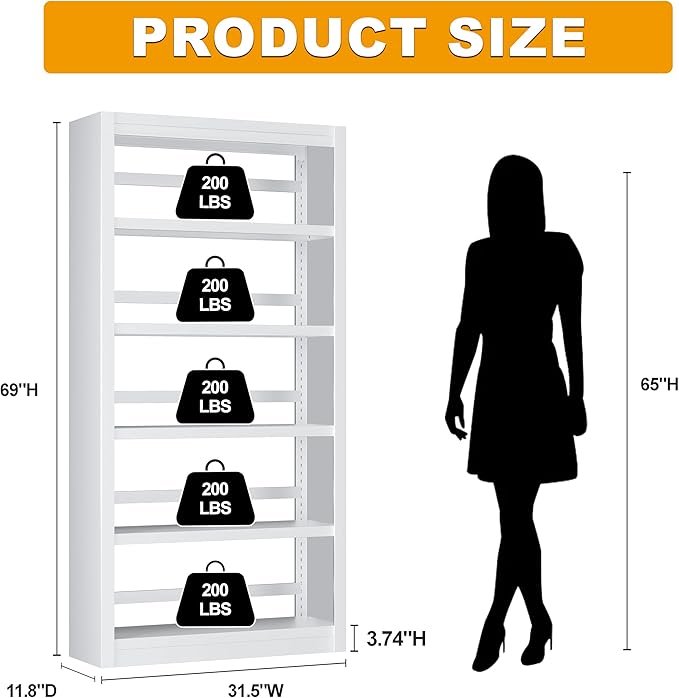 Bookshelf, 5 Tier Bookshelf with Adjustable Shelves, 69" H Tall Bookcase, Metal Bookshelves and Heavy Duty Bookcases for Living Rooms, Home Offices, Library, 10 Minutes Assemble-Ruum Studio Home