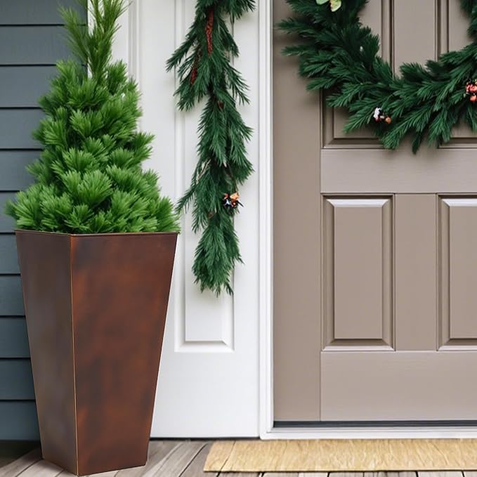 Worth Garden 12" Dia x 28" H Large Metal Planter Set of 2, Matte Bronze Retro Finish Tall Square Tapered Steel Plant Pots, Decor Flower Pots Indoor & Outdoor, Drainage Hole & Dual-Purpose Plant Saucer-Ruum Studio Home