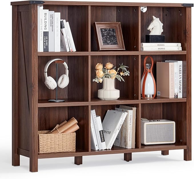 9 Cube Bookcase, Farmhouse 47 Inch Wide Brown Walnut Bookshelf, Wooden 3 Tier Display Large Open Book Shelf, Vintage Horizontal Book Case for Home Office, Cubby Storage Cabinet for Living Room-Ruum Studio Home