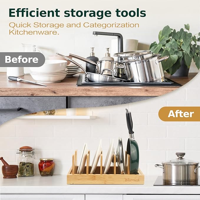 Bamboo Pot Lid Organizer, Adjustable Kitchen Organizer for Cabinet, Expandable Pot and Pan Storage Rack, Kitchen Organization for Lids, Bakeware, and Cutting Boards-Ruum Studio Home
