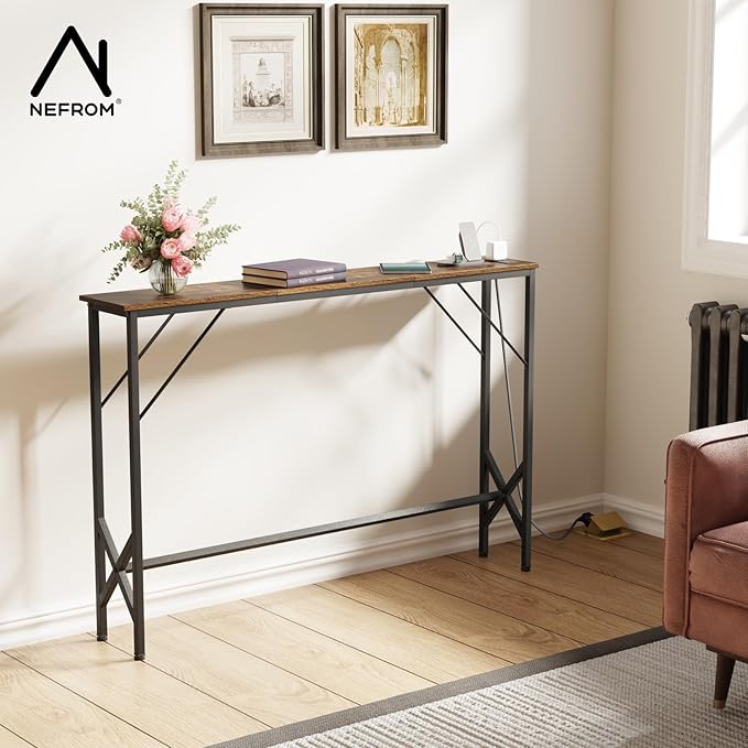 47.2'' Console Table, Skinny Entryway Table with Fast-Charging Station, Narrow Long Sofa Table, Behind Slim Couch Table for Entrance, Hallway, Living Room Decor ST-BR120-1-Ruum Studio Home