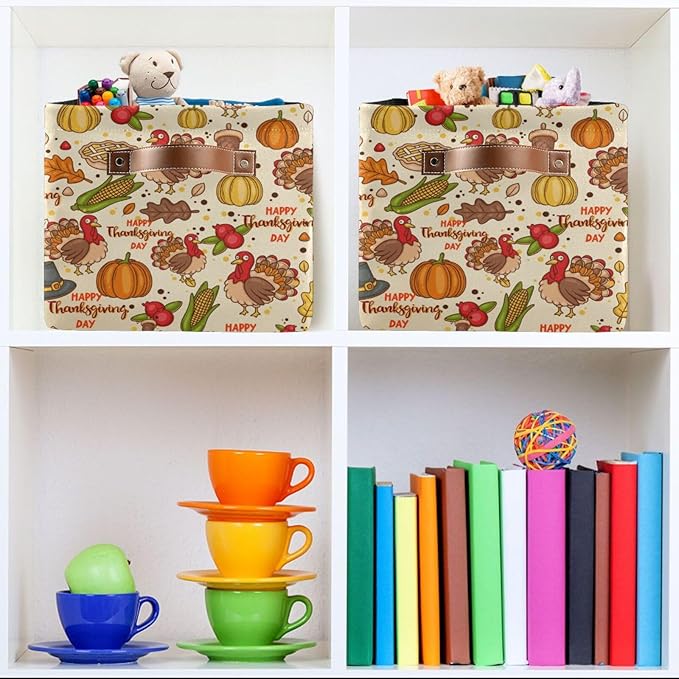 Storage Basket Thanksgiving Day Pumpkins Cube Storage Bins Organizer Bag Collapsible Closet Shelf Baskets with handle for Baby Cloth Pet Toy Book 14.2×10.2×8.3 IN-Ruum Studio Home