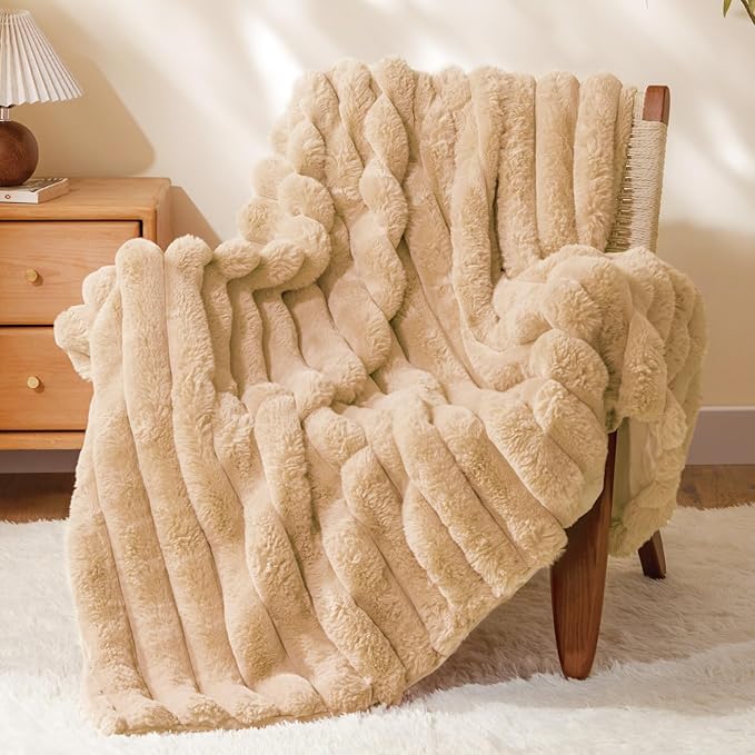 BEDELITE Faux Fur Throw Blanket for Couch, Soft and Cozy Luxurious 3D Striped Fluffy Blanket, 770GSM Thick Warm Plush Fuzzy Faux Rabbit Fur Blanket for Women Gift (Brown, 50"x 60")-Ruum Studio Home