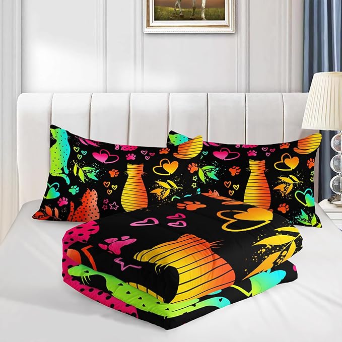 Kawaii Cat Animal Comforter 3Pcs Full Lovely Pet Cat Bedding Set for Kid Teen Girl Boy Adult Room Decor Cartoon Kitten Paw Heart Bamboo Leaf Pattern Quilt with 1 Comforter and 2 Pillowcases-Ruum Studio Home