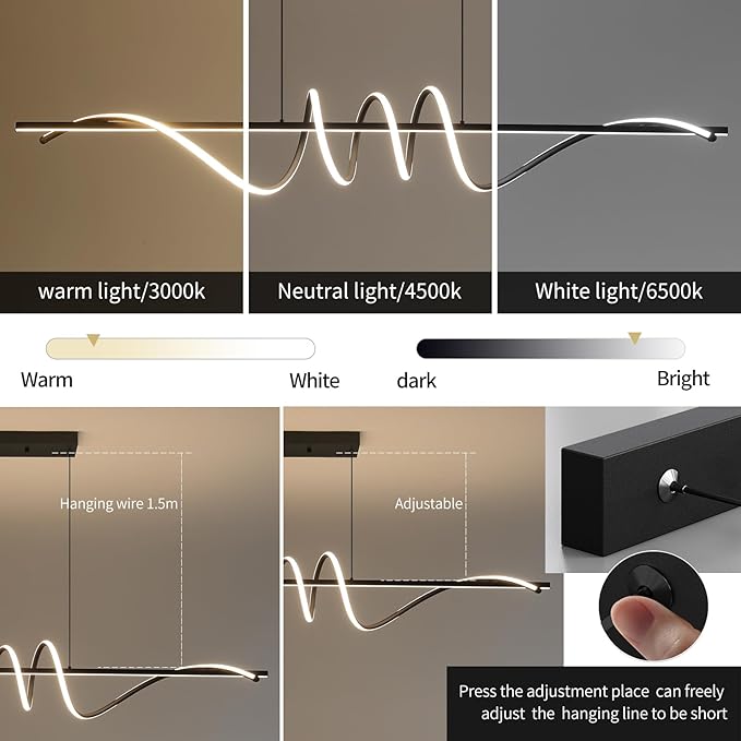 Modern Ceiling Chandelier Light, Acrylic Anti Flicker Pendant Lamp with Remote Control Dimmable 3 Color Mode & Brightness (Warm Cool Neutral Light) for Kitchen Bar（Black,57IN-Ruum Studio Home