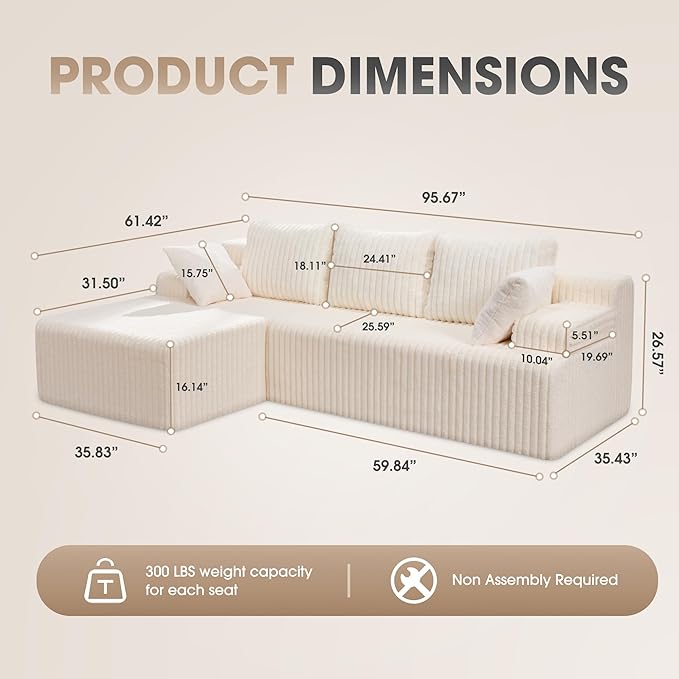 Hobestluk 96” Modular Sectional Sofa Couches L-Shape Couch 3 Seat Modular Sofa Memory Foam Sectional Couches for Living Room, Cloud Couch with Oversized Chaise (White, Stripe (Left Facing Chaise))-Ruum Studio Home