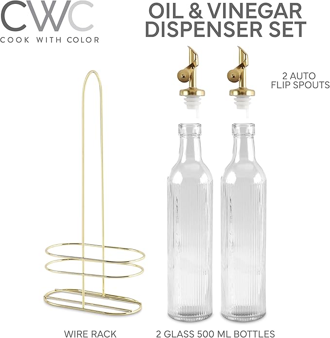 COOK WITH COLOR Glass Olive Oil Dispenser Bottle - 2 Pack, 17 oz Cruet - Elegant Carafe Decanter with Spout for Kitchen, Suitable for Vinegar, Coffee Syrups & Other Liquids-Ruum Studio Home
