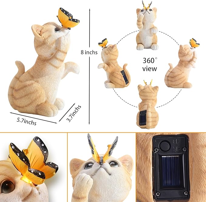 Solar Garden Statue Cute Cat Figurine Fun Color Changing LED Butterfly Light Outdoor Decor Waterproof Resin Sculpture Patio Lawn Art Housewarming Gifts for Cat Lovers Women-Ruum Studio Home