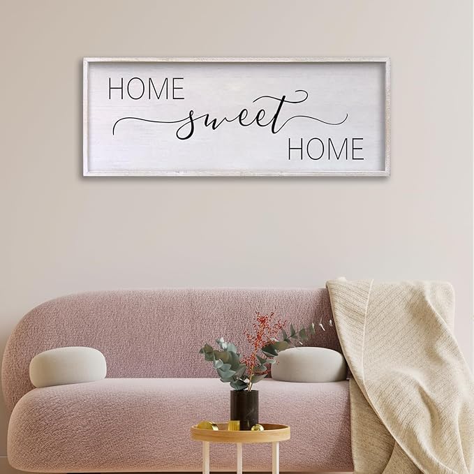 Home Sweet Home Sign Wall Decor 40"x15" Above Bed Living Room Large Wooden Framed Family Plaques Art (White)-Ruum Studio Home