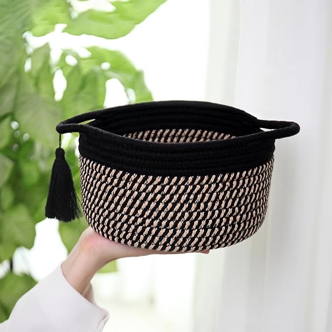 Decorative Small Gift Basket Empty – SweetMemo Cute Woven Rope Organizer Baskets for Desk, Bedside, Bathroom, Key, Round Boho Decor Cotton Bin with tassel, Gift Bag, Ribbon – Rustic Black Brown-Ruum Studio Home