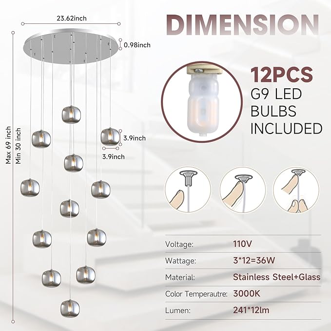Flush Mount Chandelier,Crystal Pendant Light with 12 G9 LED Bulbs,Chandelier Hanging Flush Mount Lighting Fixtures for Spiral Staircase,Foyer,Entryway,Living Room(12 Lights,3000K)-Ruum Studio Home