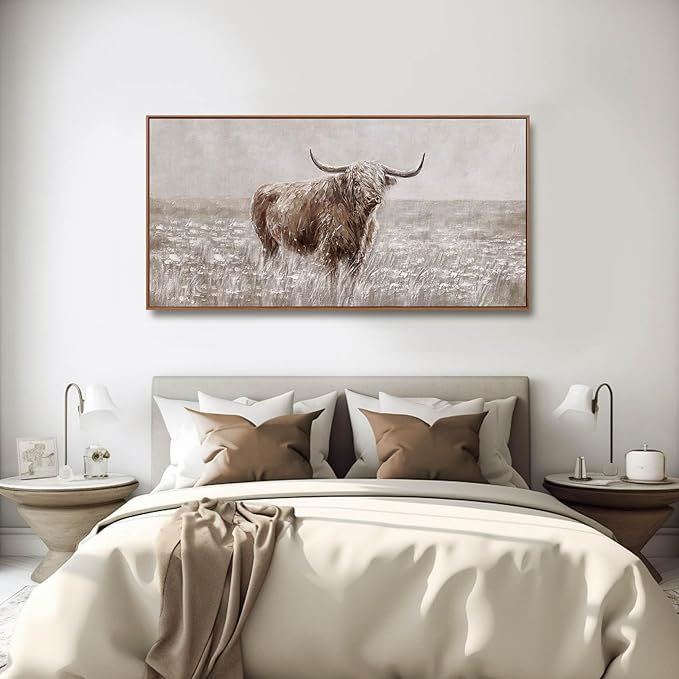 MLART99 Vintage Brown Highland Cow Painting Farmhouse Wall Art with Frame Country Decor Animal Poster for Living Room Bedroom Decor Ready to Hang 24x48-Ruum Studio Home