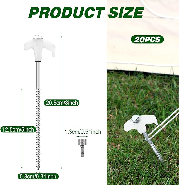 Hicarer 20 Pcs 20 Pcs 8'' Screw in Tent Stakes Heavy Duty Ground Metal Stakes for Inflatables with Hex Head Driver for Outdoor Camping Tent Inflatable Garden Decor (Luminous White)-Ruum Studio Home