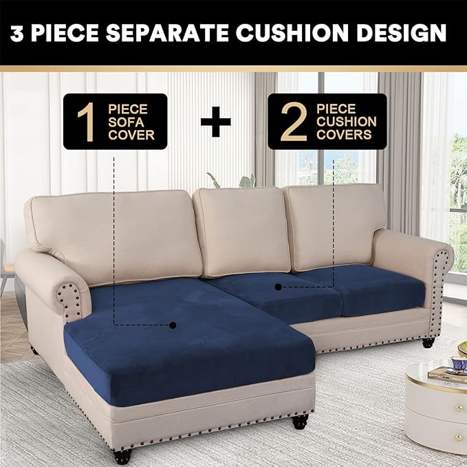 PrinceDeco Sectional Couch Covers 3 Pieces Velvet Sofa Covers L Shape Soft Couch Covers for Sectional Sofa Corner Sofa Cover Couch Cover for Dogs Washable (2 Seater + 1 Chaise,Navy)-Ruum Studio Home
