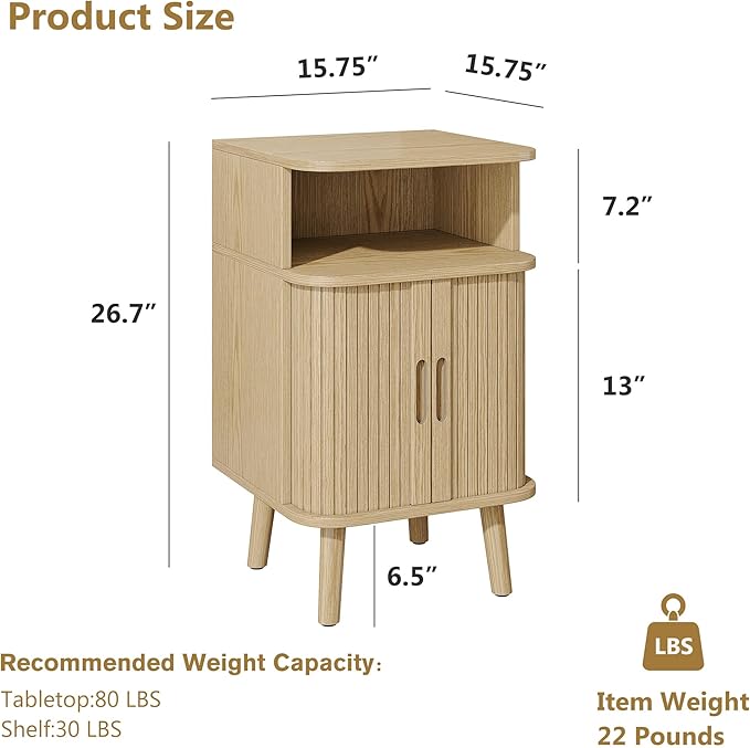 Alohappy Fluted End Table Set of 2, Mid Century Modern Nightstands with Sliding Tambour Door, Curved Round Edge Wood Bedside Table for Bedroom, Side Tables with Storage for Living Room, Natural Oak-Ruum Studio Home