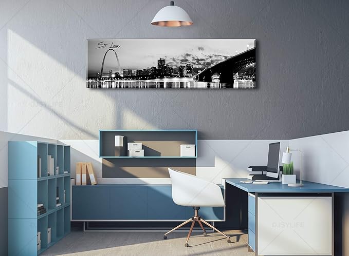 DJSYLIFE Panoramic St. Louis Skyline Wall Art Cityscape Picture Black and White Canvas Print Night View Urban Landscape Modern Artwork Office Bedroom Decor Framed and Ready to Hang 13.8"x47.3"-Ruum Studio Home