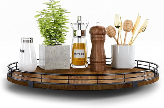Farmhouse Oak 16" Lazy Susan Turntable Organizer for Cabinet, Round Wooden Lazy Susan Organization and Storage for Dining Table, Pantry, Kitchen, Countertop, Cupboard,Home Decor, Walnut Wood (16")-Ruum Studio Home