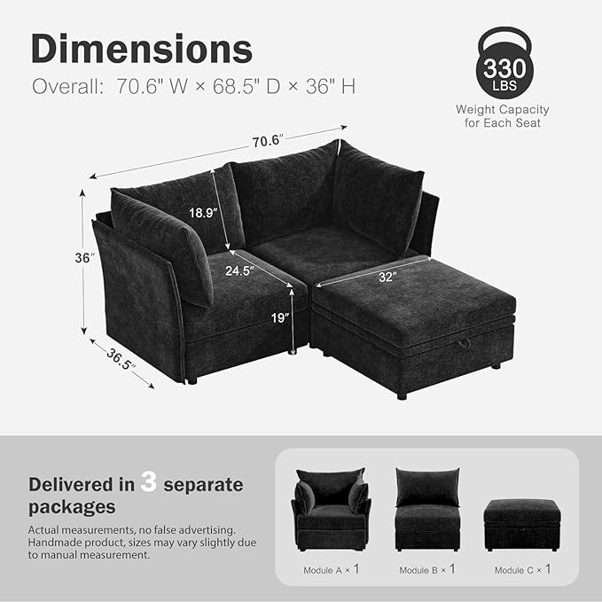 Luxury Modular Sectional Sofa, L-Shaped 3-Seat Couch with Storage Ottoman Deep Seat & Reversible Chaise Lounge Chenille Black for Compact Spaces, Apartments, Dorm-Ruum Studio Home