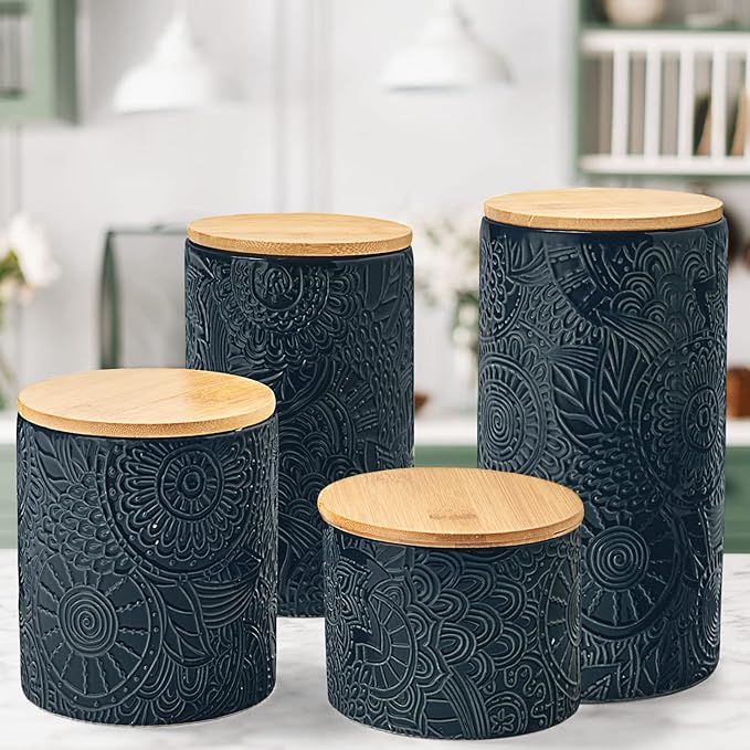 American Atelier Embossed Canister 4-Piece Ceramic Set Jar Container with Wooden Lids for Cookies, Candy, Coffee, Flour, Sugar, Rice, Pasta, Cereal & More-Ruum Studio Home