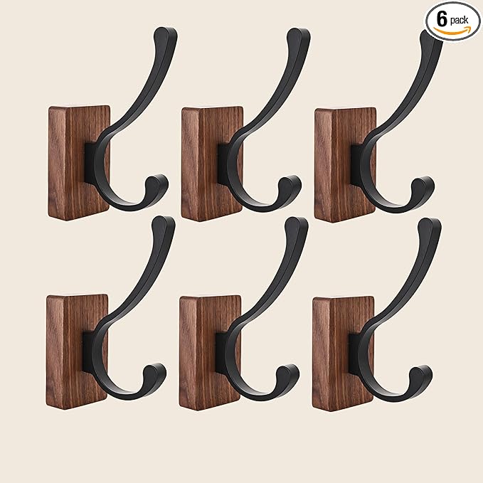6 Pack Wooden Wall Hooks for Hanging, Adhesive Mounted & Wall Mount Nature Wood Coat Hooks for Towel Clothes Blanket Hat Backpack Robe Nursery Door Board Entryway Key Holder-Ruum Studio Home