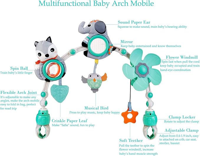 Baby Stroller Arch Mobile, Adjustable Musical Arch Toys Mobile for Crib with Universal Clamps, Versatile Activity Toy Bar for Bouncer Infant Car Seat Toys 0 6 Months Mobile for Bassinet Swing - Gray-Ruum Studio Home