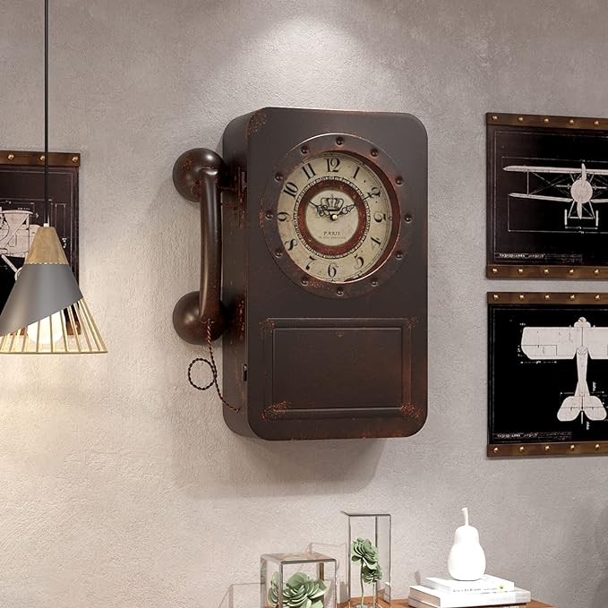 Abdurey Retro Old Telephone Wall Clock with Hidden Safe, Battery Operated Quartz Metal Wall Clocks, Large Rectangular Vintage Decor Clocks, for Farmhouse, Living Room(16" H x 12" W x 4" D)-Ruum Studio Home
