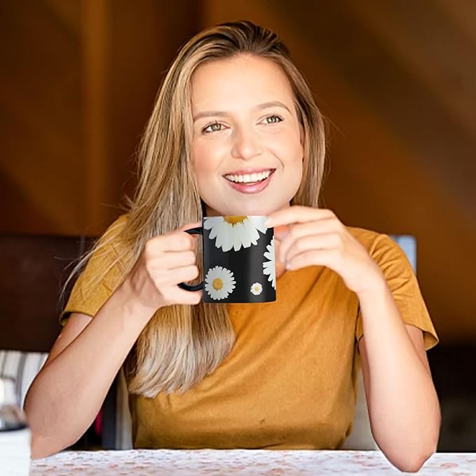12Oz Daisy floral Black Ceramic Mug, Mug for Daily Coffee and Tea, Lead-free Microwave and Dishwasher Safe Coffee Mug, Perfect gifts for Women and men-Ruum Studio Home