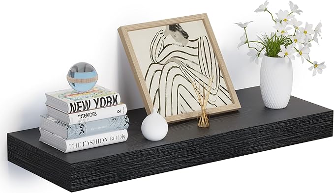 Heimlove 24 x 12 Inch Deep Floating Shelves Wall Mounted with Invisible Brackets,Storage Hanging Shelf for Wall Decor in Bathroom, Bedroom, Toilet, Kitchen, Living Room, Office Set of 1 (Black)-Ruum Studio Home