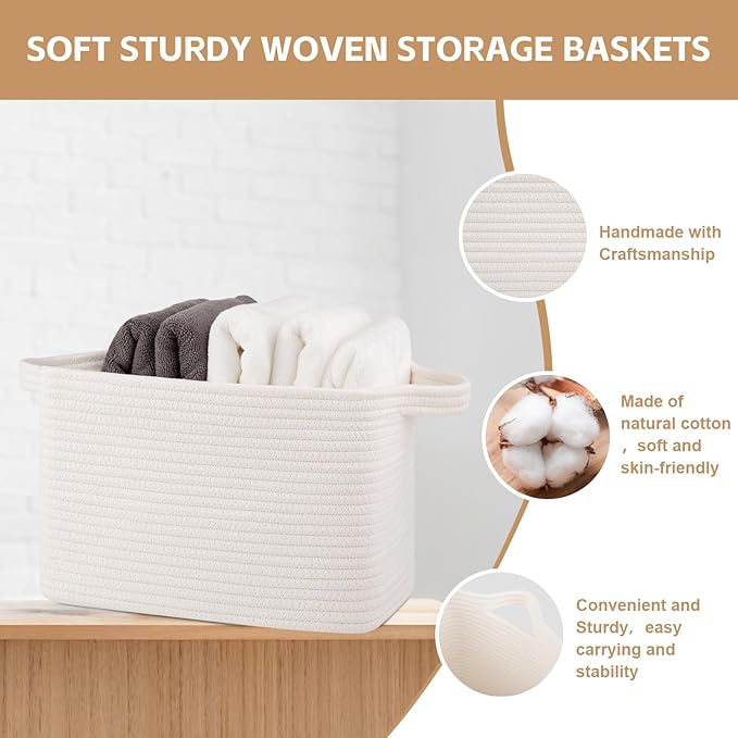Storage Basket for Organizing, Woven Baskets for Storage, Rectangle Decorative Baskets for Shleves, Closet, Toys, Books, Nursery Organizer Bins - Pack of 3 (White)-Ruum Studio Home