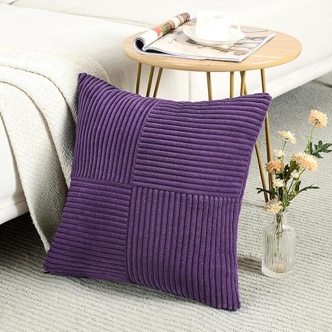 Fancy Homi 2 Packs Purple Decorative Throw Pillow Covers 18x18 Inch for Living Room Couch Bed, Boho Farmhouse Home Decor, Soft Corss Corduroy Patchwork Textured Square Cushion Case 45x45 cm-Ruum Studio Home
