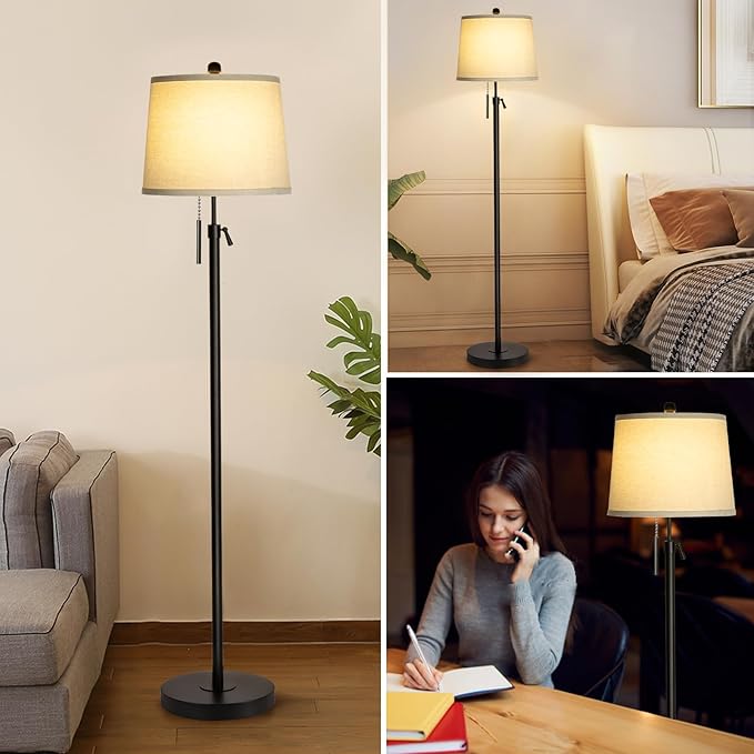 Floor Lamps for Living Room, Black Floor Lamp Adjustable Height Standing Lamp, Dimmable Modern Tall Floor Lamp for Bedroom Office with Beige Linen Shade, 8W 3000K Bulb Included-Ruum Studio Home