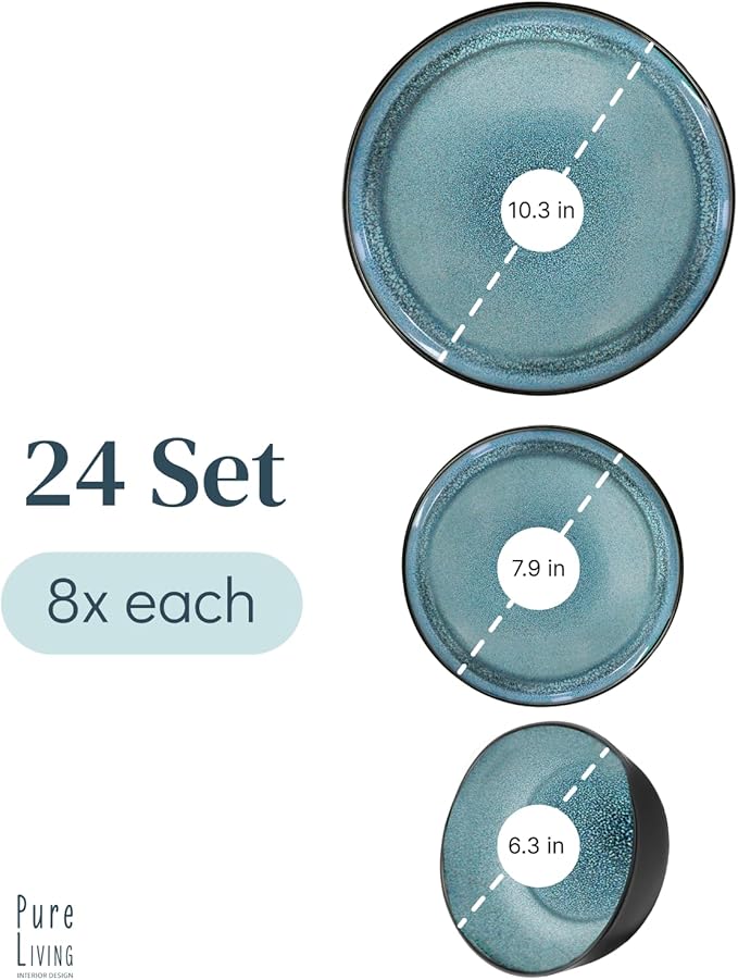 24 Piece Dinnerware Sets for 8 - Modern Style Stoneware Dinnerware Set - Scratch Resistant, Dishwasher Safe Plates and Bowls Sets Ceramic, Dish Set, Bowl and Plate Set - Black and Petrol Blue…-Ruum Studio Home