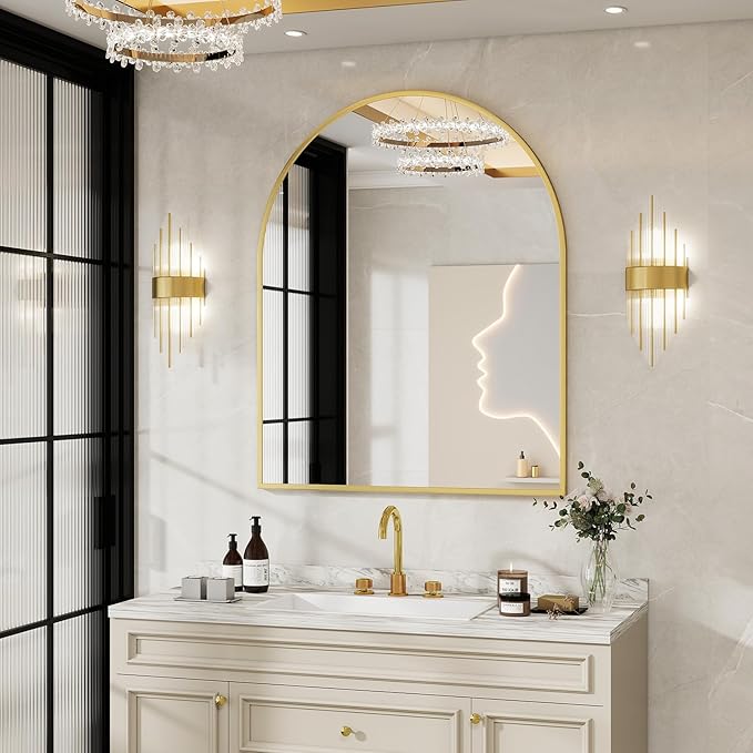 BEAUTYPEAK 32"x42" Arch Bathroom Mirror, Wall Mounted Vanity Metal Frame Mirror for Bedroom, Entryway, Living Room, Gold-Ruum Studio Home