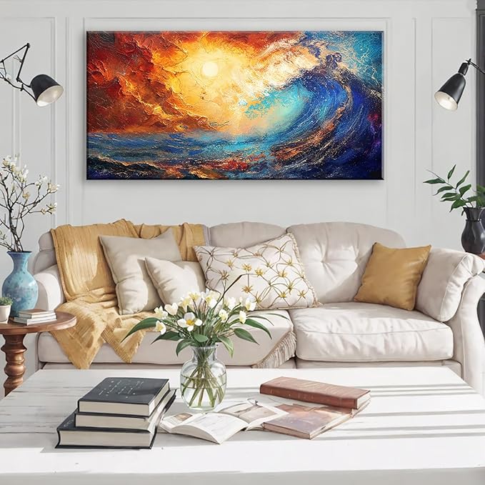 LASMOND Abstract Ocean Wall Art for Living Room Beautiful Blue Sea Wave Seawater Colorful Sky Landscape Wall Art Decor Artwork Bedroom Office (40 x 20 Inches)-Ruum Studio Home