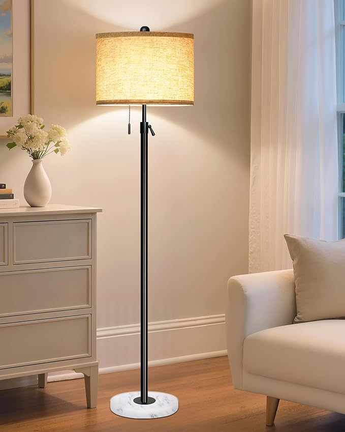 Floor Lamp for Living Room - Adjustable Height Standing Lamp with Marble Base & Linen Shade - Tall Pole Floor Light with 3 Color Temperatures Bulb for Bedroom, Reading - Easy Assembly-Ruum Studio Home