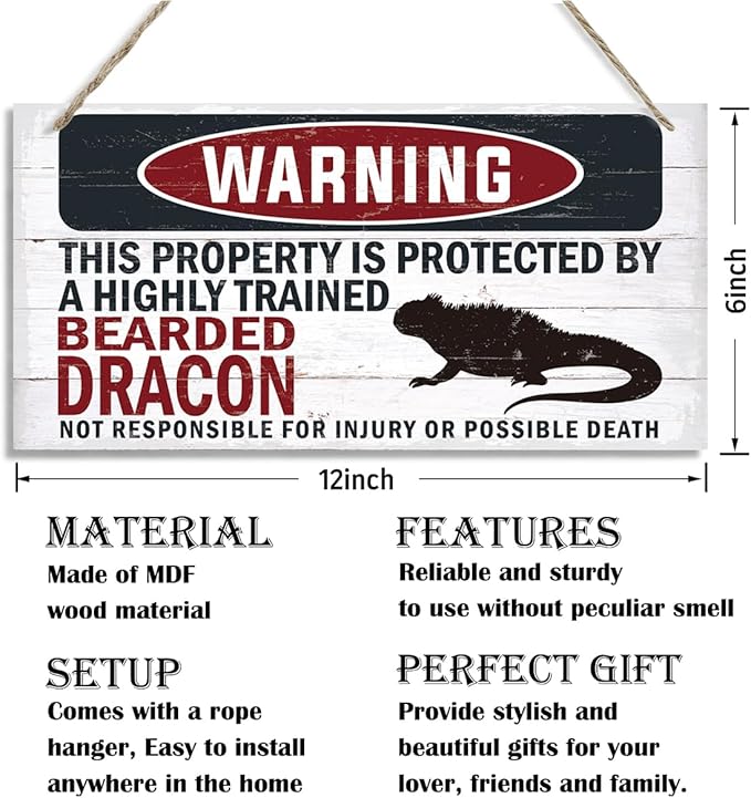 Warning Sign, Bearded Dracon Warning Wood Plaque Sign, Funny Door Signs, Decorative Wood Hanging Suspension Plaque, Farmhouse Wooden Wall Decor, Outdoor Hanging Wooden Signs-Ruum Studio Home