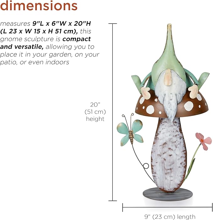 Alpine Corporation - Metal Gnome with Mushroom – 20" Tall Durable Iron Garden Statue, Whimsical Outdoor Décor for Patio, Lawn, Yard (Multicolor)-Ruum Studio Home