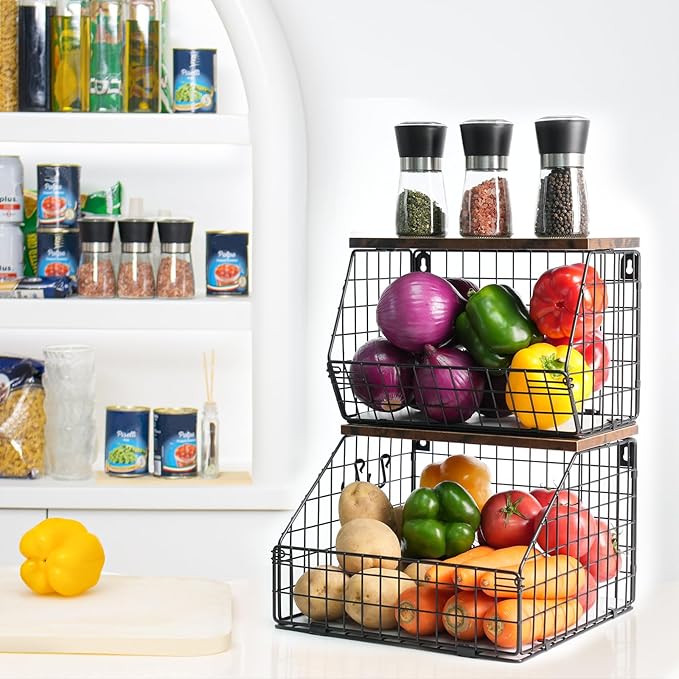 Fruit Basket, Stackable Wall Mounted Fruit Baskets, Potato Baskets Onion Storage for Kitchen, Hanging Wire Basket with Wood Lid, 2-Tier Vegetable Organizer Kitchen Countertop Organization-Ruum Studio Home