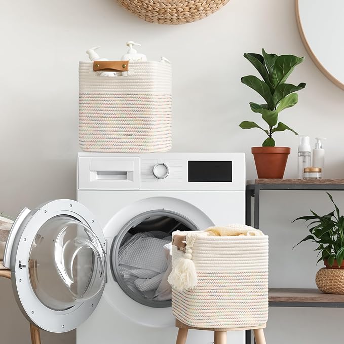 danpinera 11"x11" Storage Cubes, Soft Boho Storage Basket with Neat Stitching, 3-Pack Cube Storage Organizer, Woven Baskets for Storage in Living Room, Kids Room, Bedroom, Rainbow-Ruum Studio Home