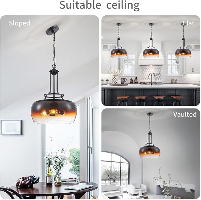 WUZUPS Chandelier Rustic Farmhouse Industrial Round Ceiling Pendant LED Light Fixture with Amber Gradient Black Glass Shade for Dining Room Kitchen Island Foyer Entryway, H 20.9" W 15.9", E26 Base-Ruum Studio Home