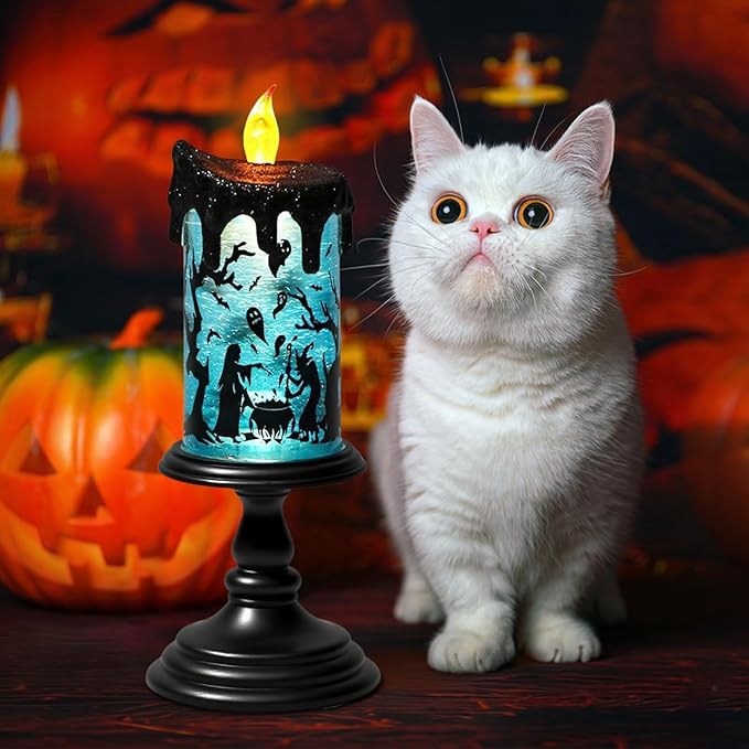 Eldnacele Halloween Snow Globe Flameless Candle with Timer, Battery Operated Spooky Spinning Water Glittering Tornado Lamp LED Candlestick Table Fireplace Witch Decal Halloween Holiday Decoration-Ruum Studio Home