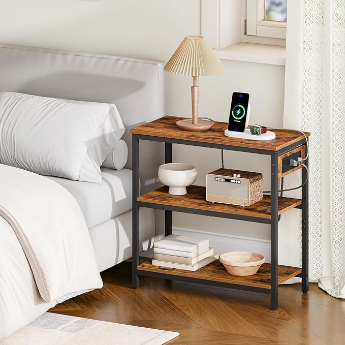 HOOBRO End Table with Charging Station, Simple Rustic Side Table with 3-Tier Storage Shelf, Narrow Nightstand for Small Spaces, for Living Room, Industrial Design, Rustic Brown and Black BF149UBZ01-Ruum Studio Home