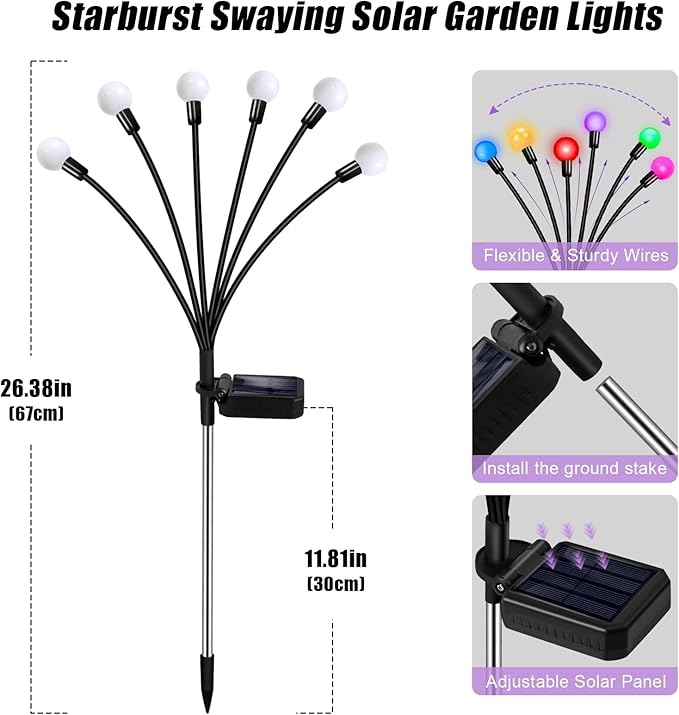 Solar Garden Lights Outdoor Decor, 24 LEDs Solar Firefly Light, Multicolor Changing RGB Swaying Lights Outdoor Waterproof, 4 Pack 6 Heads Christmas Garden Decorative for Yard Patio Pathway Lawn Decor-Ruum Studio Home