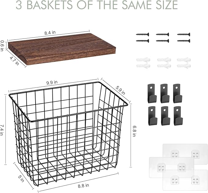 Wall Hanging Baskets 3 Pack, Large Diversified Wire Basket Shelves of Wooden Style, with Wall Mounted Metal Hooks & Traceless Stickers, for Kitchen Coffee Bar Office Room Garage Storage Organization-Ruum Studio Home