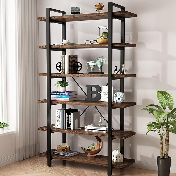 Solid Wood Bookcase and Book Shelves Wood and Metal Shelving Unit 6 Tier Bookshelf Modern Rustic Open Bookshelf Office,Distressed Brown (AY-02-6Tier)-Ruum Studio Home
