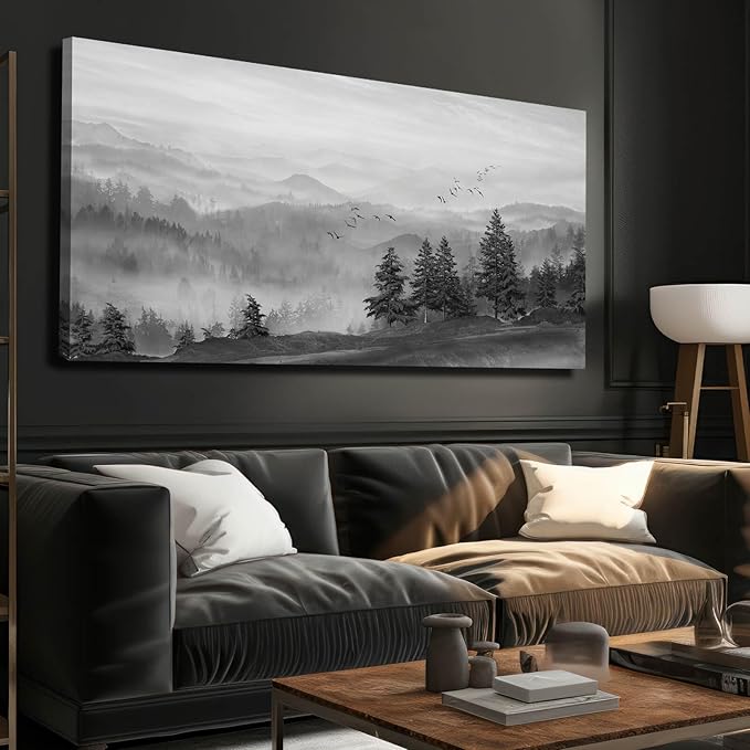 SOUGUAN Grey Pictures Wall Decor Forest Artwork Mountain Canvas Painting Landscape Wall Art Prints for Living Room Bedroom Home Hanging Decor 24x48 Inch-Ruum Studio Home