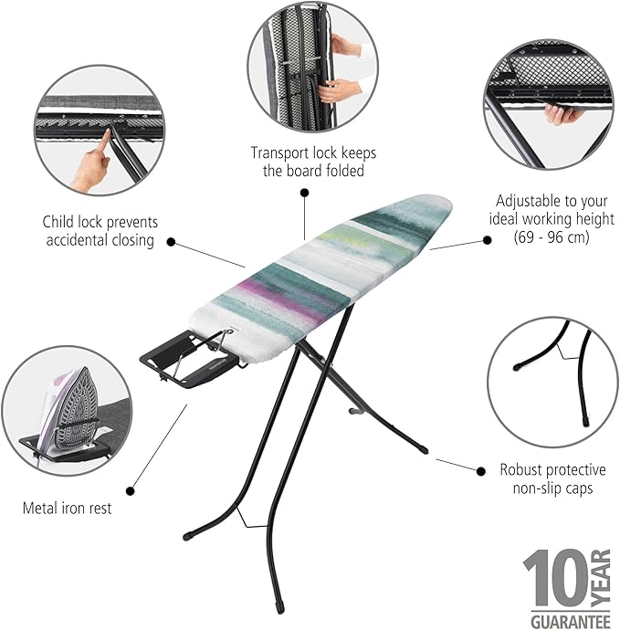 Brabantia Size A Compact Small Ironing Board (43x12 in) 7 Height Options, Adjustable Steam Iron Rest Holder (Morning Breeze) Non-Slip Feet, Anti-Collapse Child Locks-Ruum Studio Home