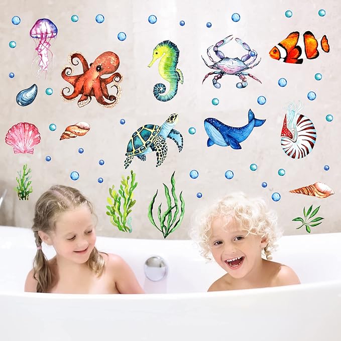 52 Pcs Ocean Fish Wall Decals Glow in The Dark Under The Sea Wall Decals Sea Animals Stickers Removable Waterproof Peel and Stick for Kids Bathroom Watercolor Ocean Decor(Funny Style)-Ruum Studio Home